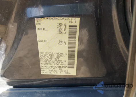 2013 Nissan Altima 2.5 Sl from USA, damaged, VIN 1N4AL3AP8DN548397